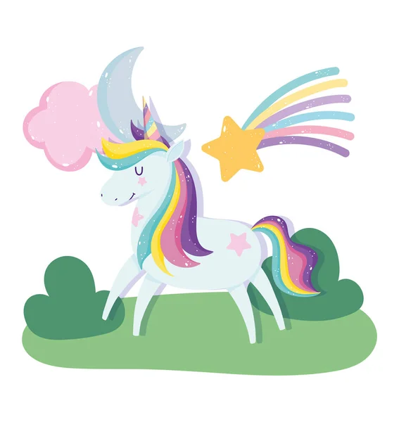 Lindo unicornio magia fantasía dibujos animados arco iris disparo estrella luna nube — Archivo Imágenes Vectoriales