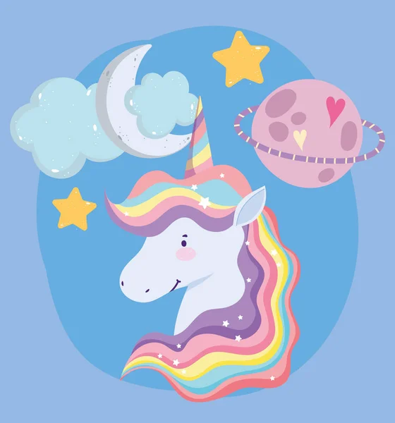 Unicorn cartoon fantasy planet cloud moon stars dream — Stock Vector