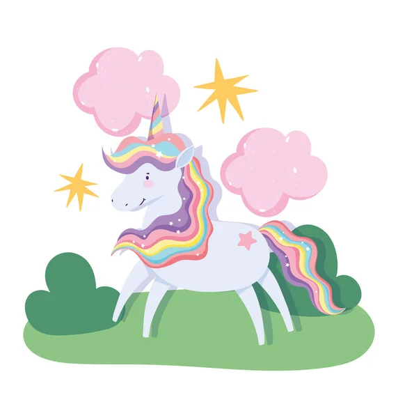 Unicorn magic fantasy cartoon rainbow hair horn clouds stars landscape — Stock Vector