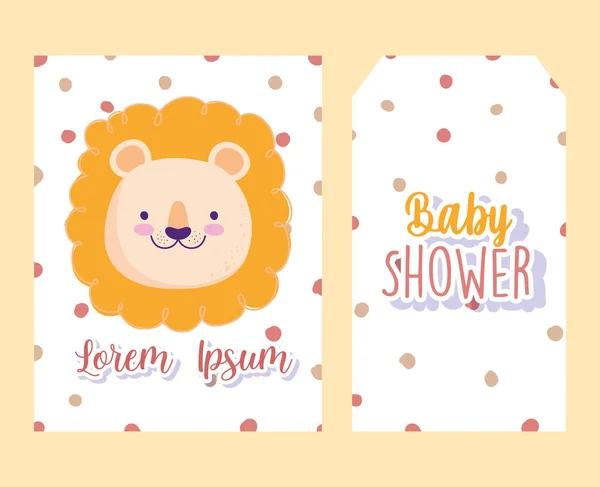Douche de bébé, mignon lion visage animal dessin animé fond pointillé, thème invitation bannière — Image vectorielle