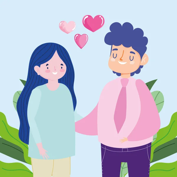 Mignon couple adorable amour romantique coeurs dessin animé — Image vectorielle