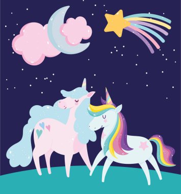 Tek boynuzlu atlar sevimli hayvan kayan yıldız bulutlu ay çizgi filmi