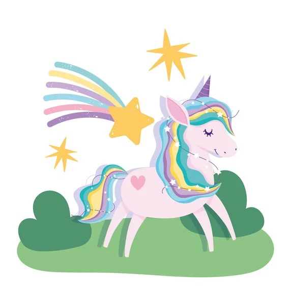 Cute unicorn magic fantasy cartoon shooting stars rainbow landscape — Stock Vector