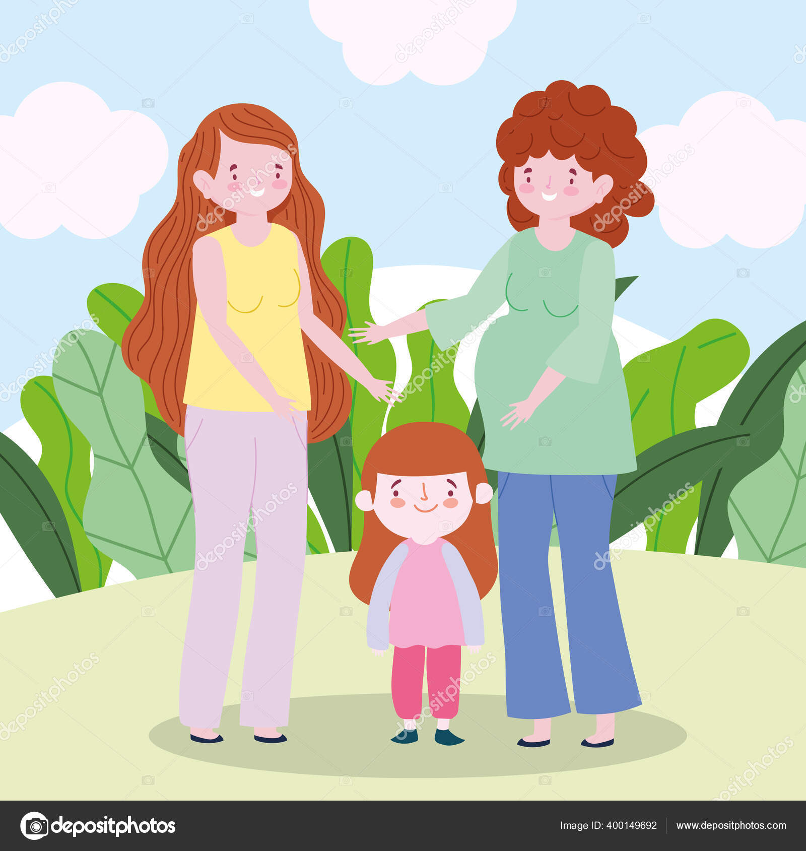 Family pregnant mother with teen and little daughter together cartoon  character Stock Vector Image by ©stockgiu #400149692