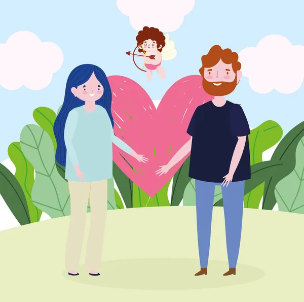 Jovem casal coração amor romântico desenho animado imagem —  Vetores de Stock