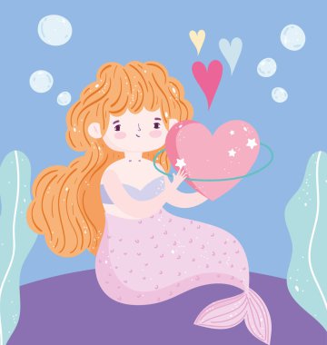 karikatür güzel küçük deniz kızı denizin altında deniz yosunu kabarcıkları