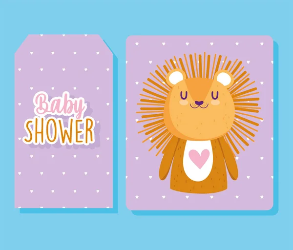 아기 샤워, 귀여운 사자 그림, 보라색 배경 배너 — 스톡 벡터