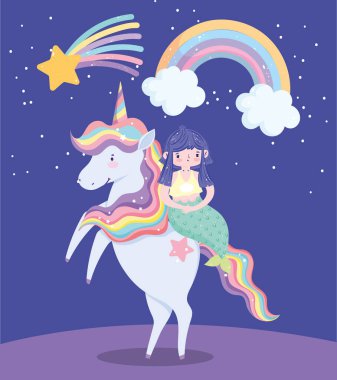 Tek boynuzlu atın üstündeki denizkızı kayan yıldız gökkuşağı çizgi filmi