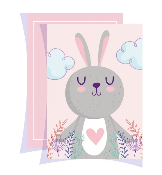 Baby douche, schattig konijntje hart mooie bladeren bloemen cartoon kaart — Stockvector