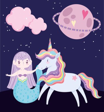 Tek boynuzlu at ve deniz kızı Satürn Gezegeni Sihirli Çizgi Film