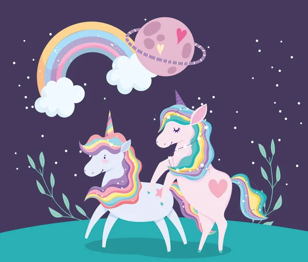 Unicórnios animal arco-íris cabelo planeta em desenhos animados grama —  Vetores de Stock
