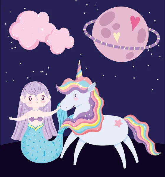 Tek boynuzlu at ve deniz kızı Satürn Gezegeni Sihirli Çizgi Film