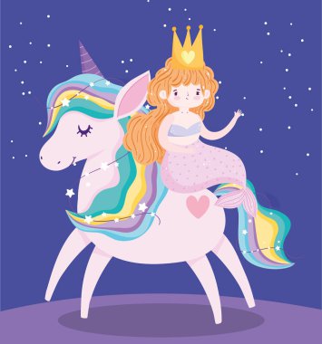 Tek boynuzlu at ve deniz kızı fantezi sihirli yıldız dekorasyon çizgi filmi