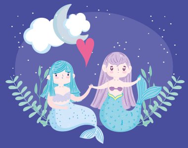 El ele tutuşan küçük sevimli denizkızları Ay bulutu ve kalp sihirli çizgi film