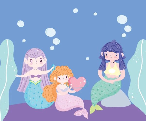 Sereias pequenas bonitos com bolha pedra alga marinha fantasia sonho cartoon —  Vetores de Stock