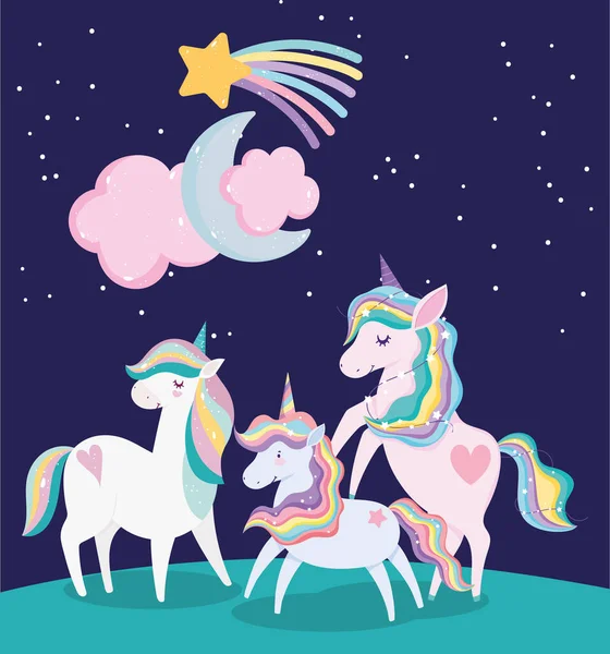 Unicorns adorable shooting star moon and cloud cartoon — Stock Vector