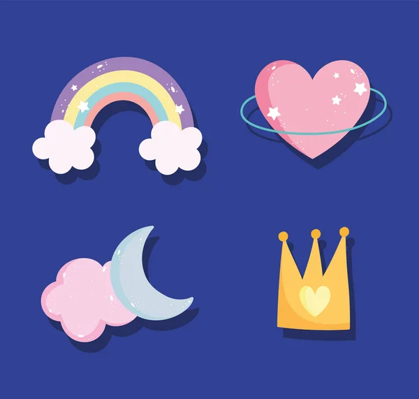 Мультяшні веселкові хмари місяць корона серце любов іконки — стоковий вектор