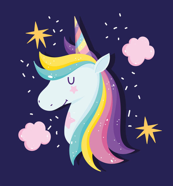 Unicornio con arco iris cuerno pelo estrellas fantasía dibujos animados negro fondo — Vector de stock