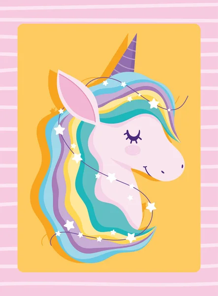 Unicornio enredado con estrellas arco iris melena fantasía tarjeta de dibujos animados — Vector de stock