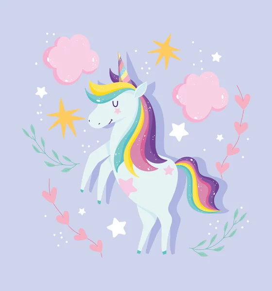 Unicorn dengan surai pelangi awan bintang fantasi bunga kartun - Stok Vektor