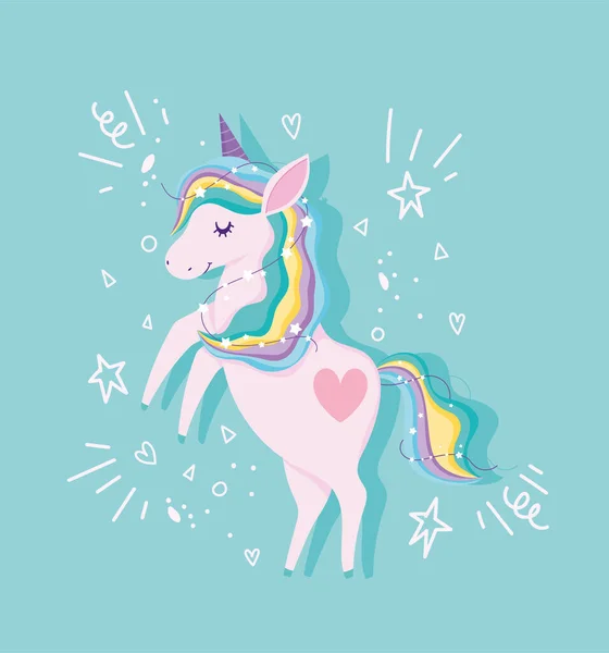 Unicorn with rainbow hair stars dream magic animal fantasy cartoon - Stok Vektor