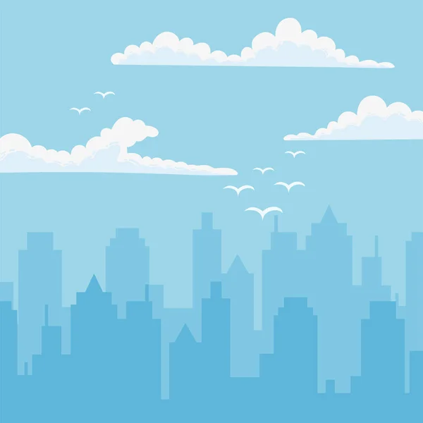 Cityscape torres urbanas voando pássaros nuvens céu fundo — Vetor de Stock