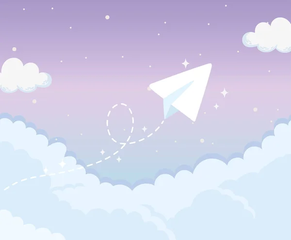 Летящий бумажный самолет звезды фоне облаков — стоковый вектор