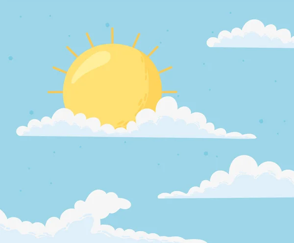 Голубое небо с облаками и солнцем мультфильм фон — стоковый вектор