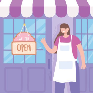 Biz açık tabela, kendine güvenen kadın kapı levhası ile