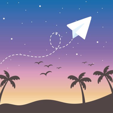 Tropikal palmiye ağacı kuşları kağıt uçak günbatımı gökyüzü arka planı