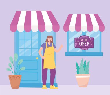 Biz açık tabela, ön görünüm mağaza kapısı çalışanı ve bitkiler