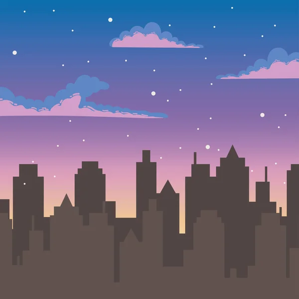 Night sky stars clouds silhouette urban city buildings — Stock Vector