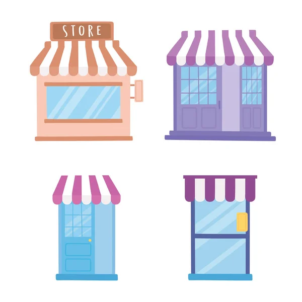 Store shop front view exterior doors commercial icons — Stock Vector