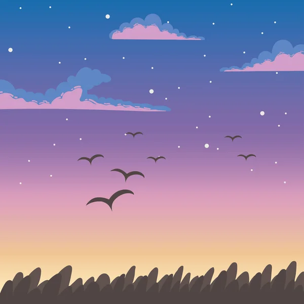 Sky sunset flying birds clouds foliage nature background — Stock Vector