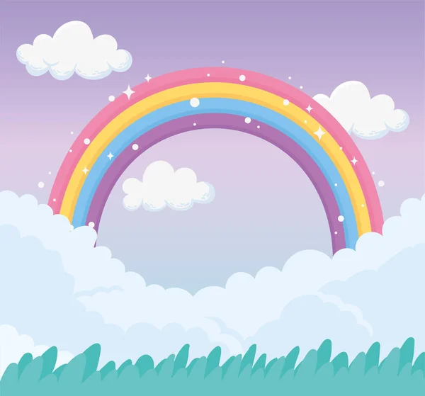Fantasía mágico prado paisaje arco iris en el cielo — Vector de stock