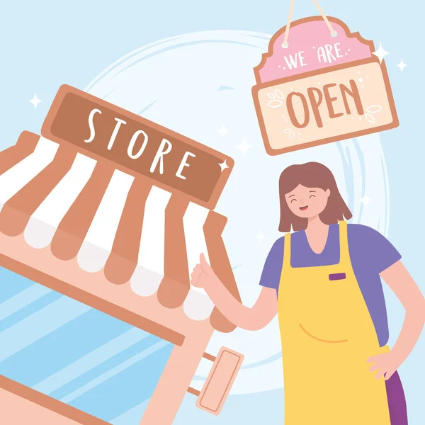 Siamo segno aperto, giovane donna dipendente con grembiule negozio cartone animato — Vettoriale Stock
