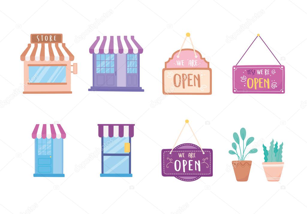 we are open sign store market facade and potted plants icons