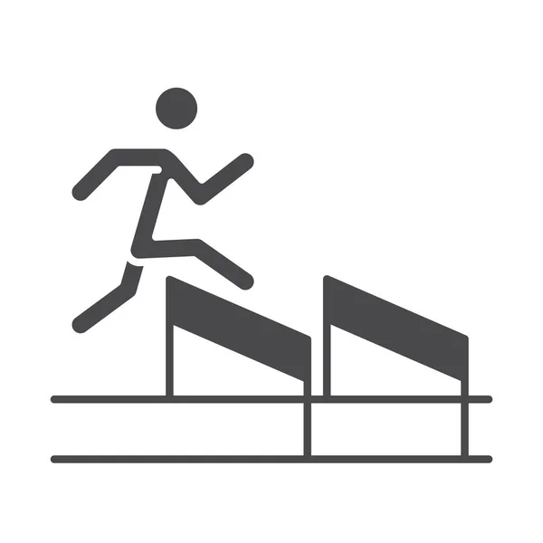 Engellerin üzerinden atlayan yarışçı, spor silueti simgesi tasarımı — Stok Vektör