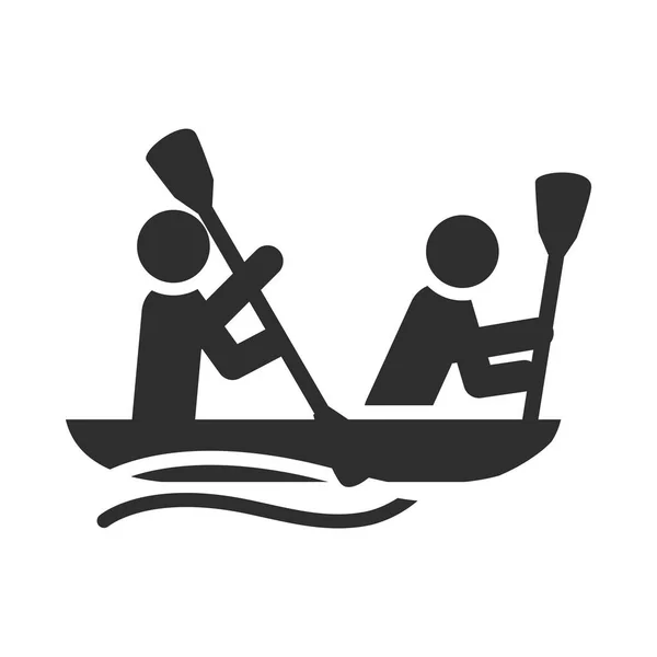 Deporte extremo gente río rafting en barco inflable, estilo de vida activo silueta icono de diseño — Vector de stock