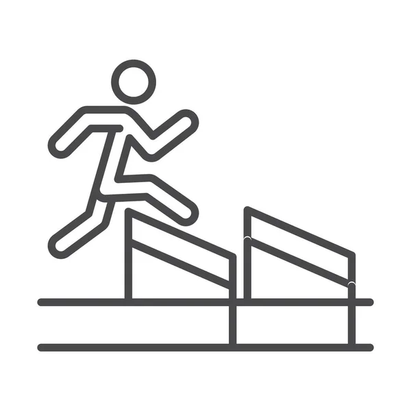 Engellerin üzerinden atlayan yarışçı, spor çizgisi simgesi tasarımı — Stok Vektör