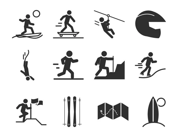 Ekstremalne sport aktywny styl życia łyżwiarz biegacz wspinaczka surfing sylwetka ikony zestaw design — Wektor stockowy