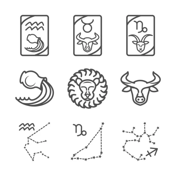 Zodiac astrologia horóscopo calendário constelação taurus leo aquário ícones coleção linha estilo — Vetor de Stock