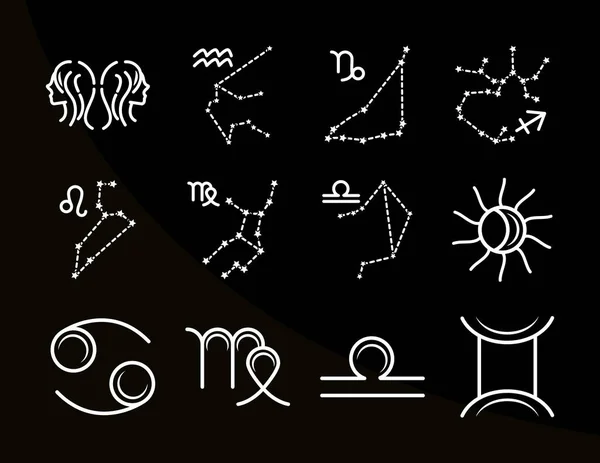 Zodiákus asztrológia horoszkóp naptár csillagkép gemini rák Leo virgo ikonok kollekció vonal stílus fekete háttér — Stock Vector