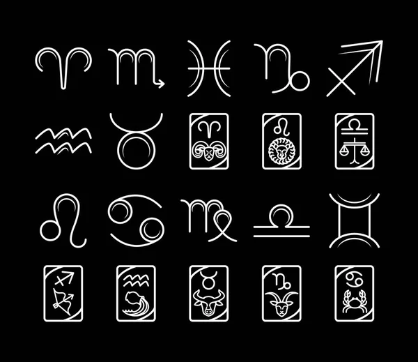 Зодіакова астрологія гороскоп календар сузір'я сагітарія тавр лев ікон колекція лінії чорний фон — стоковий вектор