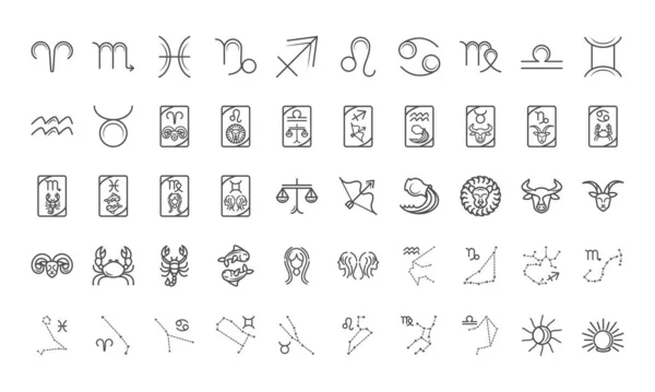 Zodiaco astrología horóscopo calendario constelación iconos colección línea estilo — Vector de stock