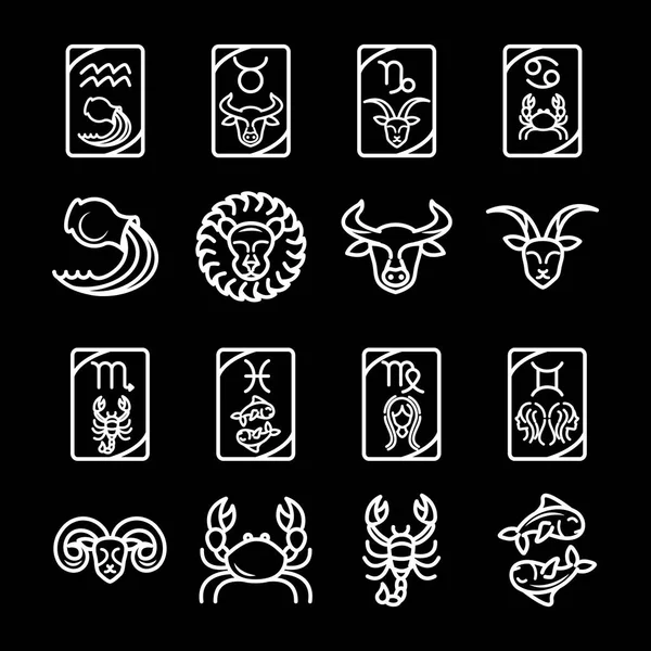 Dierenriem astrologie horoscoop kalender sterrenbeeld aquarium leo schorpioen virgo taurus pictogrammen collectie lijn stijl zwarte achtergrond — Stockvector