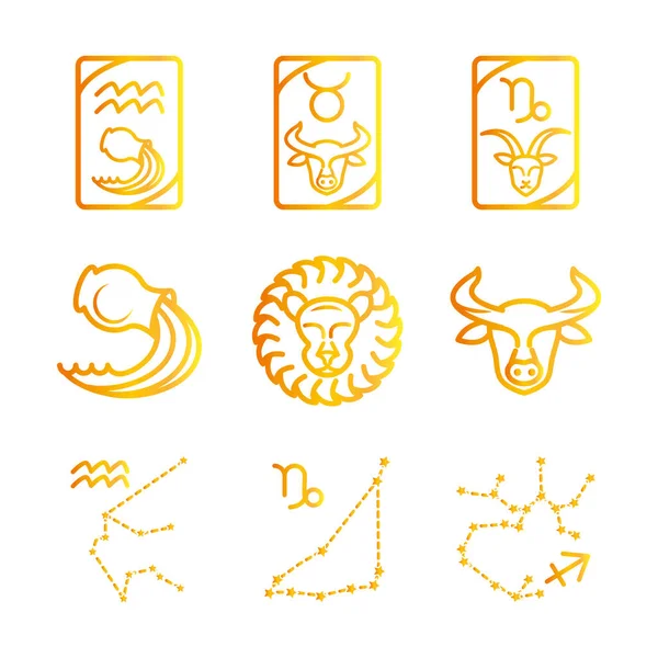 Zodiaco astrología horóscopo calendario constelación tauro leo acuario iconos colección gradiente estilo — Vector de stock