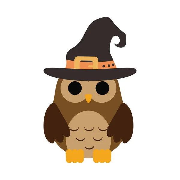 Happy halloween, roztomilý sova s hattrick čarodějnice nebo léčit party oslavy ploché ikony — Stockový vektor