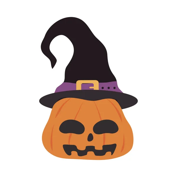 Halloween heureux, citrouille avec tour de chapeau ou traiter fête icône plate — Image vectorielle