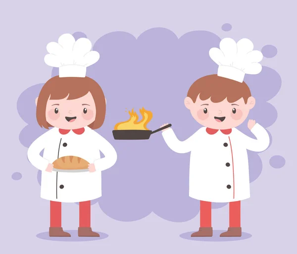 Chef-koks jongen en meisje cartoon karakter met gebakken pan en brood — Stockvector
